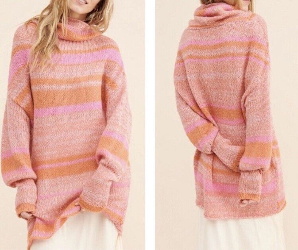 Free People Women Striped Cowl-Neck Pink Tunic Sweater Dress Size S